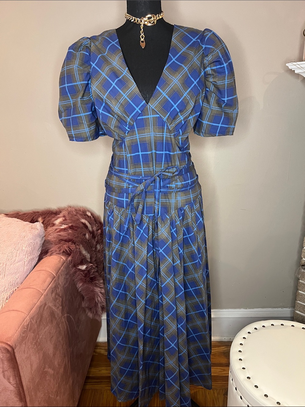 Avec Les Filles Women’s Blue Plaid Puff-Sleeve Wrap Dress